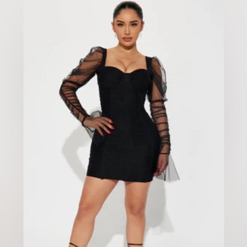 Fashion Nova Small Black Mesh Sleeve Dress Bodycon Mini Ruched Dress